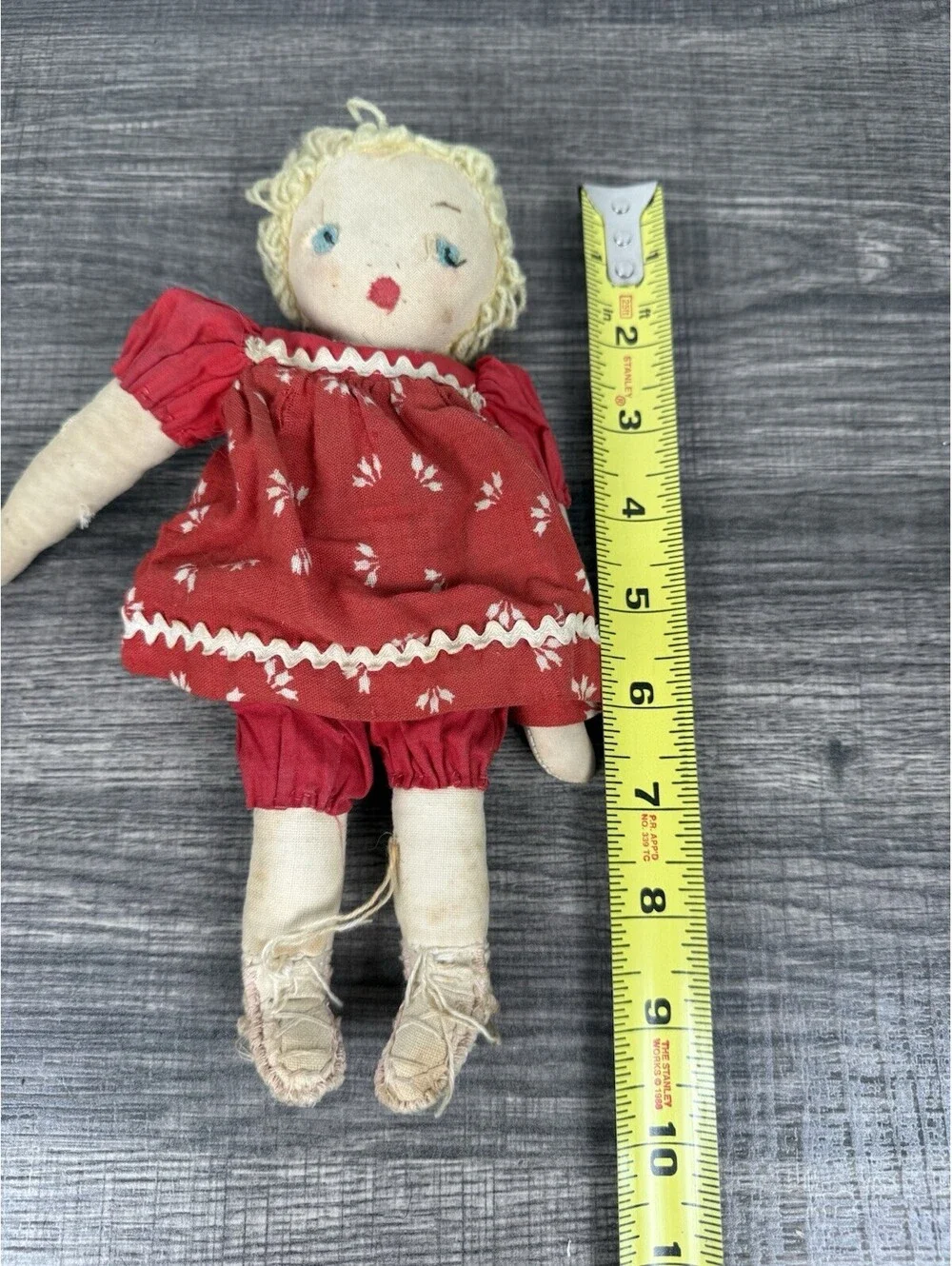 Vintage Handmade Cloth Rag Doll 8.5” Red Dress Yarn Hair Primitive Folk Art Toy